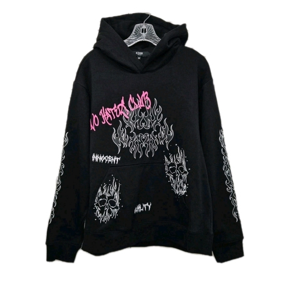 KDNK Black hoodie with flames and skulls Men's Size Medium NEW